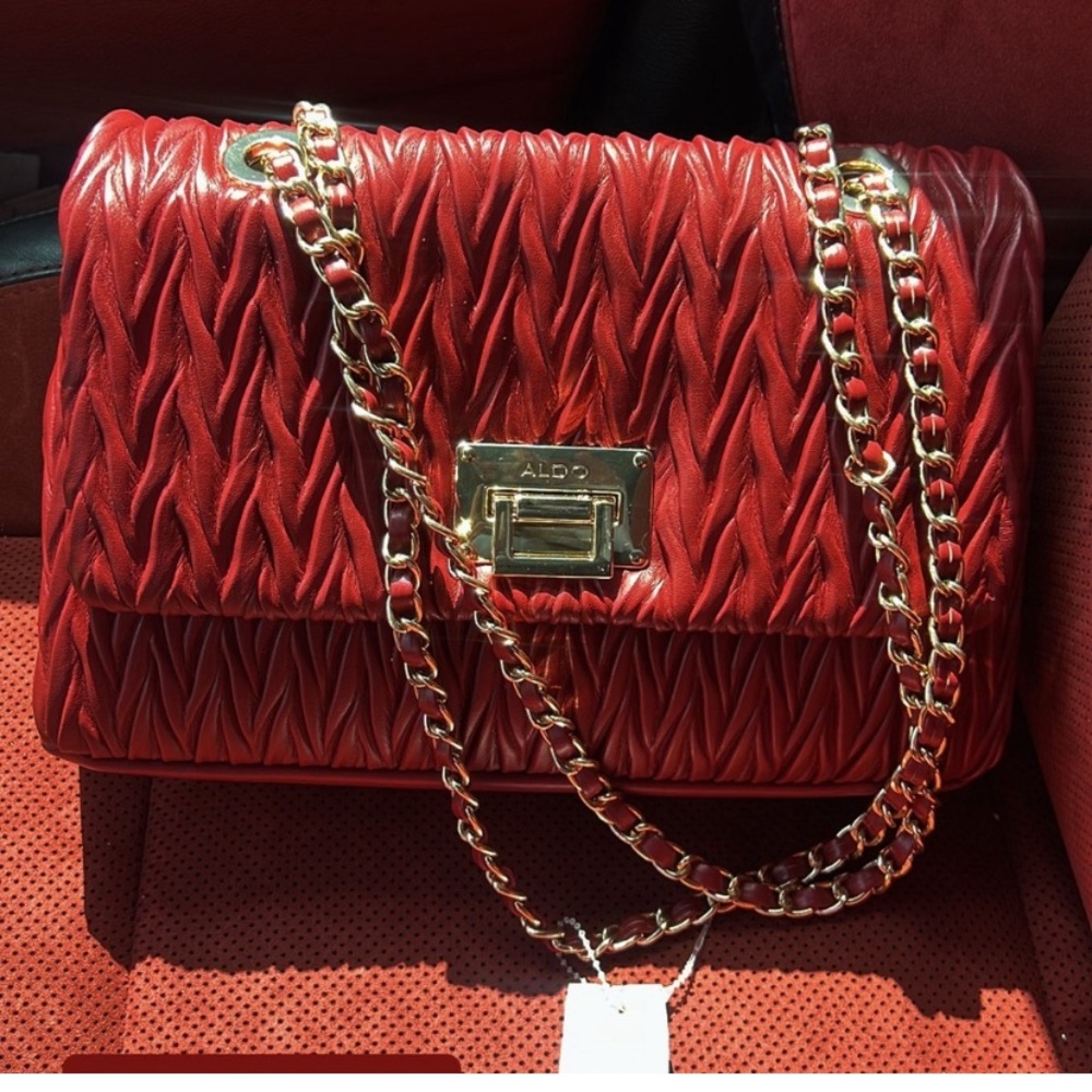 Aldo Crimson Textured Shoulder Bag with Gold Chain